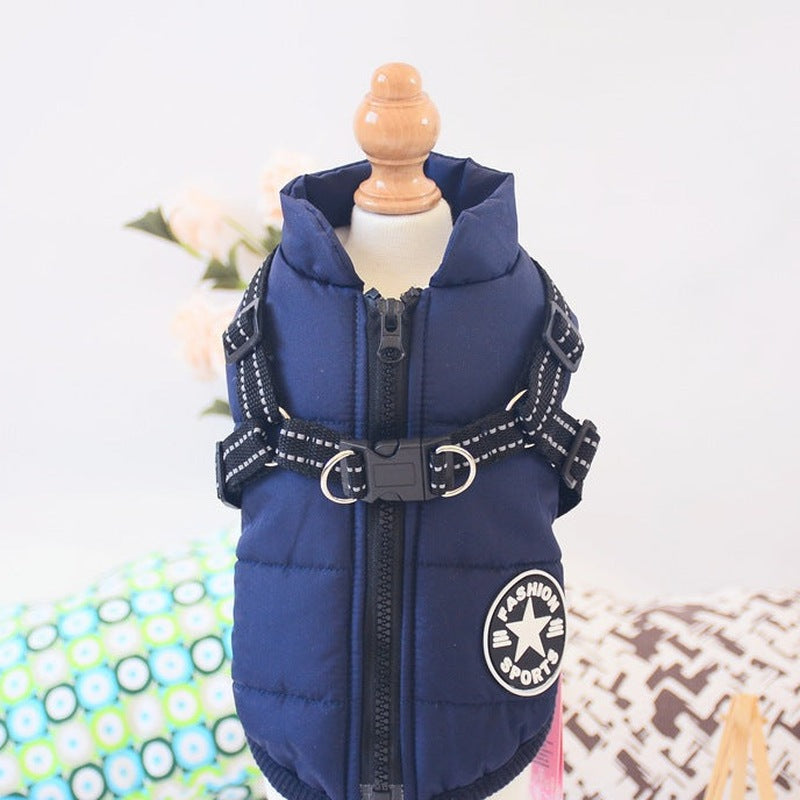 Water-Resistant Winter Dog Coat with Built-In Harness – navy blue coat with built-in harness on a mannequin