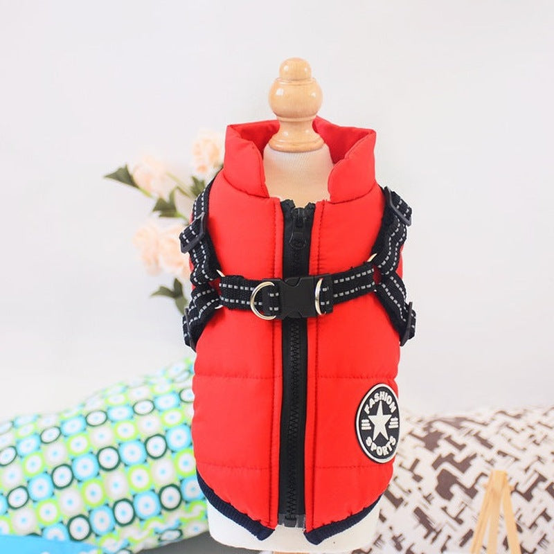 Water-Resistant Winter Dog Coat with Built-In Harness – red coat with built-in harness on a mannequin
