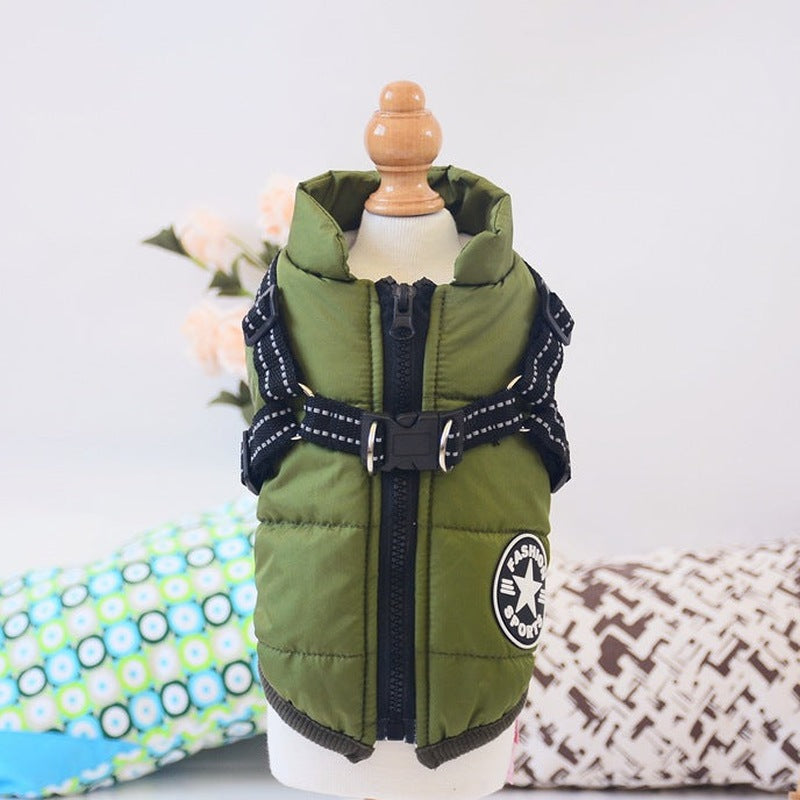 Water-Resistant Winter Dog Coat with Built-In Harness – army green coat with built-in harness on a mannequin