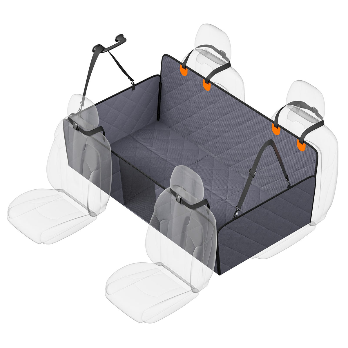 Premium Waterproof Back-Seat Cover – installed view with headrest straps and side flaps